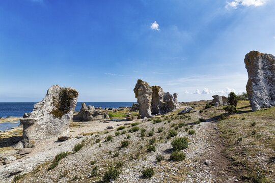 Raukar, limestone columns, rocks of reef limestone on the coast, erosion, uninhabited island of Asunden, near Gotland, Baltic Sea, Sweden