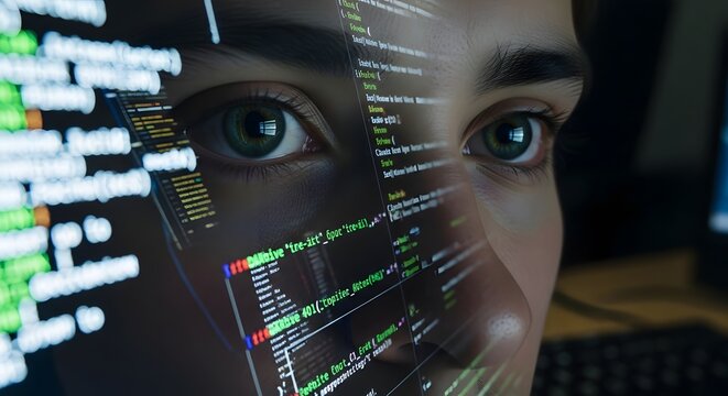Software Developer Face Close Up with Computer Code Reflection on Eyes