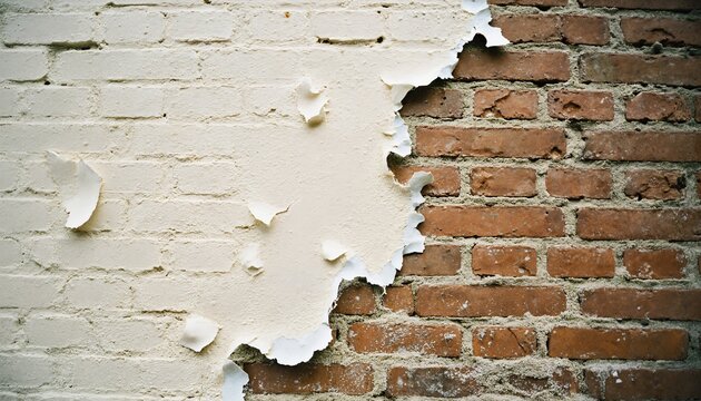 Peeling Paint on Brick Wall close-up of with white revealing the red underneath texture layers