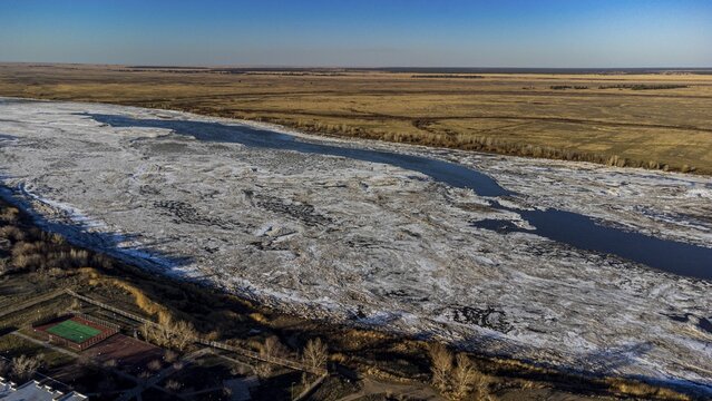 Aerial of Irtysh river, Kurchatov, fomer headquarter of the Semipalatinsk Polygon, Kazakhstan