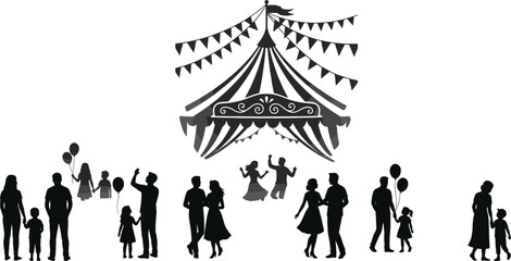 Black and white vector illustration of a carnival tent with happy families and couples celebrating © MstLata