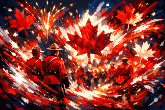 Canadian Mounties observe a vibrant fireworks display celebrating Canada Day with maple leaves and patriotic fervor.