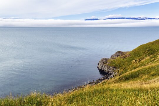 Coastline with basalt columns near Hofsos, Skagafj&ouml;rdur fjord, Tr&ouml;llaskagi peninsula, North Iceland, Greenland Sea, Iceland
