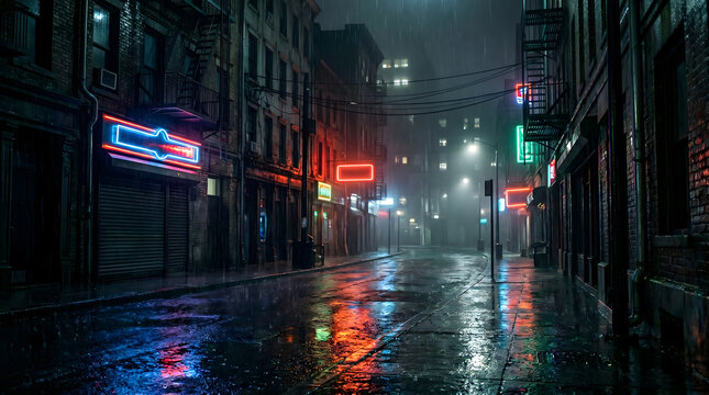 Dark Wet Cyberpunk City Street at Night with Glowing Red and Green Neon Sign Reflections