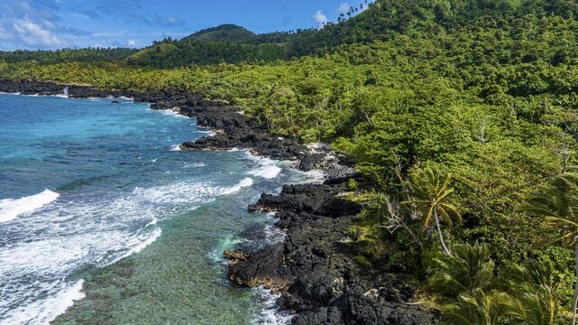 Aerial of the volcanic south coast, Taveuni, Fiji, South Pacific