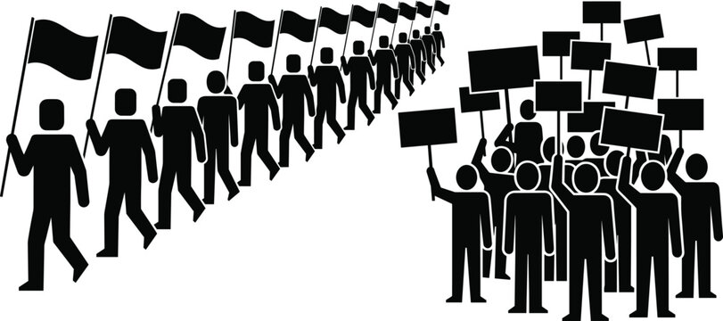 Black and white vector illustration of people protesting with banners and marching with flags for demonstration