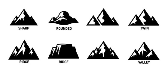 Diverse Mountain Icons Set: Sharp Peaks, Rounded Hills, Twin Summits, Ridge Formations, and Valley Landscapes, Vector Graphics for Outdoor Adventure and Nature Themes © Nusracct