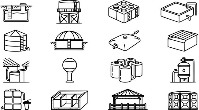 Set of Water Storage Tanks Icons: Cistern, Silo, Tank, Reservoir, Tank Farm, Water Treatment, Water Butt, IBC - Line Art
