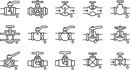 Fototapeta premium Plumbing Valves Outline Icons Set. Black White Line Art Glyph Collection for Water System Maintenance, Leak Repair, and Industrial Flow Control.