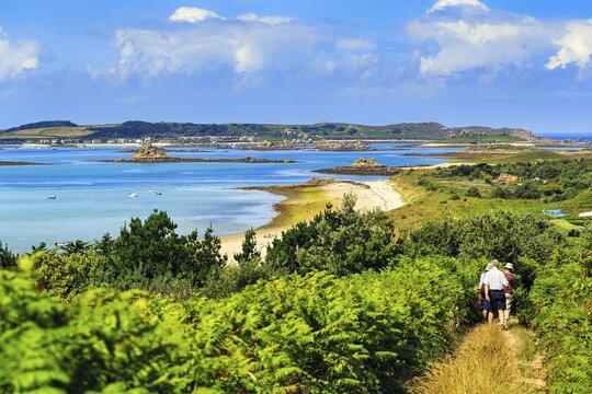 Coastline with footpath, Spring Clouds, St Martin's, Isles of Scilly, Cornwall, England, United Kingdom