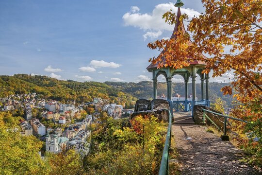 Viewing pavilion with a view of the historic centre in autumn, Karlovy Vary, West Bohemian Spa Triangle, Karlovy Vary Region, Bohemia, Czech Republic, Unesco World Heritage Site