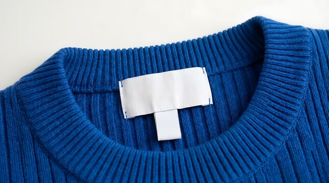 Closeup of blue sweater with white clothing label on neckline