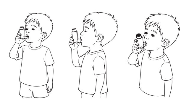 Three young boys using inhalers for asthma treatment isolated on transparent background outline illustration