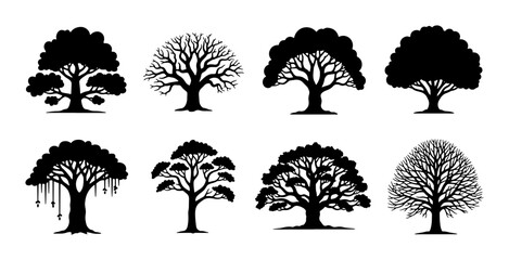 Diverse Tree Silhouettes Collection, Nature Elements, Organic Shapes, Woodland Icons, Black and White Vector Art for Design Projects © Mahmudul