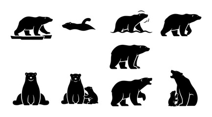 Polar Bear Silhouettes Collection, Arctic Wildlife Icons, Cute Cub Poses, Ursus Maritimus Vector Set, Mammal Animal Graphics © Sharmin
