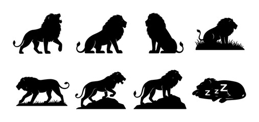 Lion Silhouette Collection, Majestic Big Cat Vector Icons, Wildlife King Poses, Safari Animal Graphics, Roaring and Sleeping Lion Illustrations © Tasmia