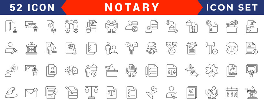 Notary icon set. Includes affidavit,acknowledgement, authentication, attestation,seal, certificate, jurat and more. Vectorillustration with editable strokes