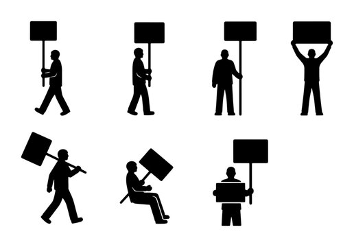 Protestors Holding Signs, Demonstration Figures, Activist Silhouettes, Public Assembly Vector Icons