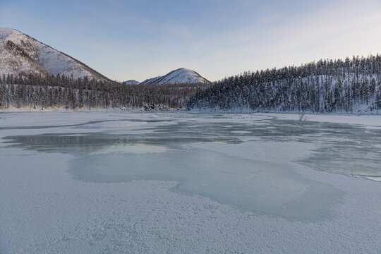 Open water on a frozen lake, Road of Bones, Sakha Republic, Yakutia, Russia