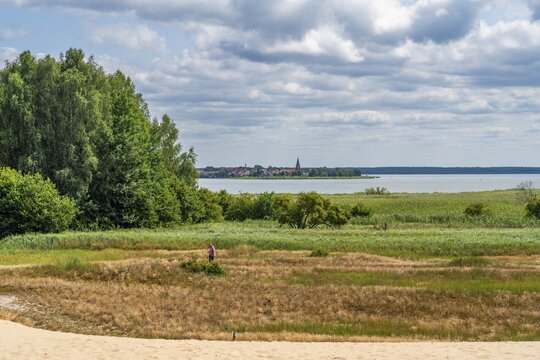 View from a sand dune in the nature reserve Altwarper Binnend&uuml;nen, Neuwarper See and Riether Werder, behind the village Neuwarp, Polish Nowe Warpno, Altwarp, nature park Park Am Stettiner Haff, Mecklenburg-Vorpommern, Germany