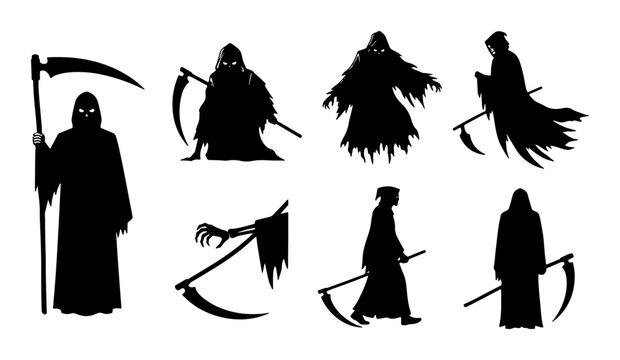 Grim Reaper Silhouettes Collection, Death Symbol Icons, Halloween Scary Figures, Gothic Horror Vector Art, Mysterious Figures with Scythes, Occult Imagery, Dark Fantasy Elements