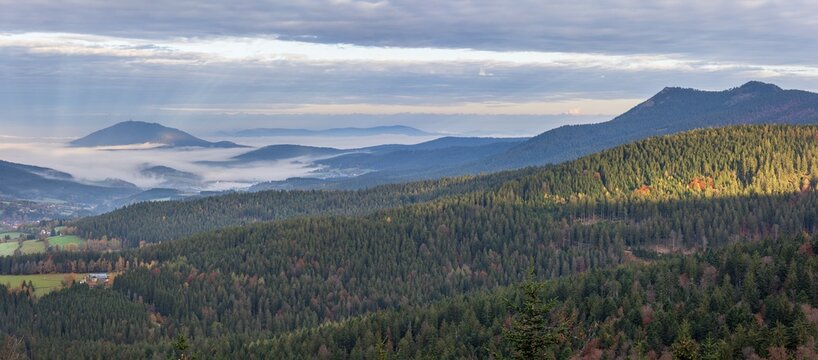View from the Hindenburgkanzel over endless forests in autumn with valley fog, on the right the peaks Kleiner and Gro&szlig;er Osser, Bavarian Forest, Lower Bavaria, Bavaria, Germany