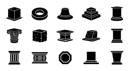 Ancient Architectural Elements Vector Icons, Classical Column Styles, Geometric Pedestals, Stone Structures, Monumental Building Parts, Set of 15 Black Icons © Abdullah