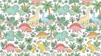Cute Dinosaur Seamless Pattern, Kids Cartoon Style, Tropical Plants, Pastel Colors © budi