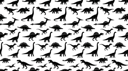 Dinosaur Pattern - Black Silhouettes on White Background © budi