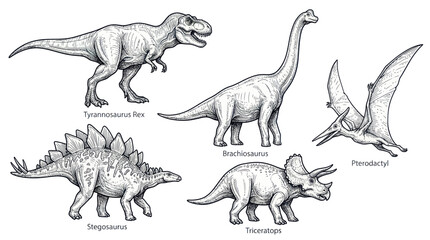 Diverse Dinosaur Collection Sketch Illustration - Tyrannosaurus, Brachiosaurus, Triceratops, Stegosaurus, Pterodactyl © budi