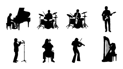 Musical Ensemble Silhouettes: Diverse Musicians Playing Instruments, Vector Icons for Concerts, Bands, and Performance Art © Tanvir