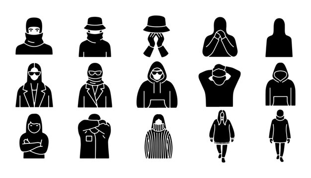 Anonymous Figures Silhouette Icons, Mysterious People Vector Set, Hooded Individuals, Faceless Characters, Diverse Poses, Black and White Graphic Elements
