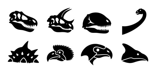 Dinosaur Skulls and Bird Heads Silhouettes, Prehistoric Animal Icons, Ancient Reptile Fossils, Raptor and Eagle Profiles, Vector Graphics Set © Tasmia