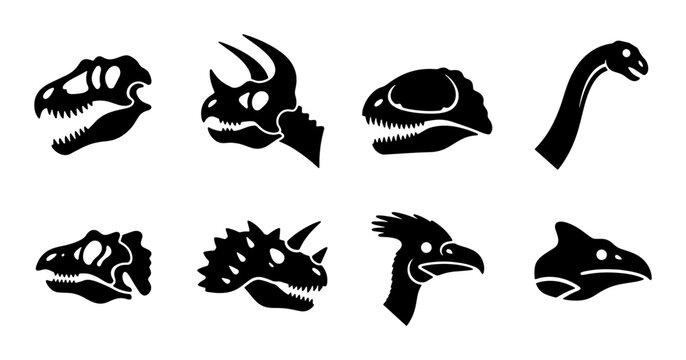Dinosaur Skulls Vector Icons Set, Prehistoric Animal Head Silhouettes, Fossil Remains Graphics, Ancient Reptile Illustration Collection