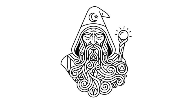 Mystical Wizard with Crystal Ball and Ancient Symbols Line Art