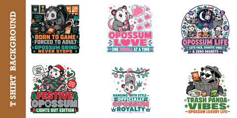 Funny opossum vector set featuring gaming trash panda and festive themes for tshirts. © jubayer95