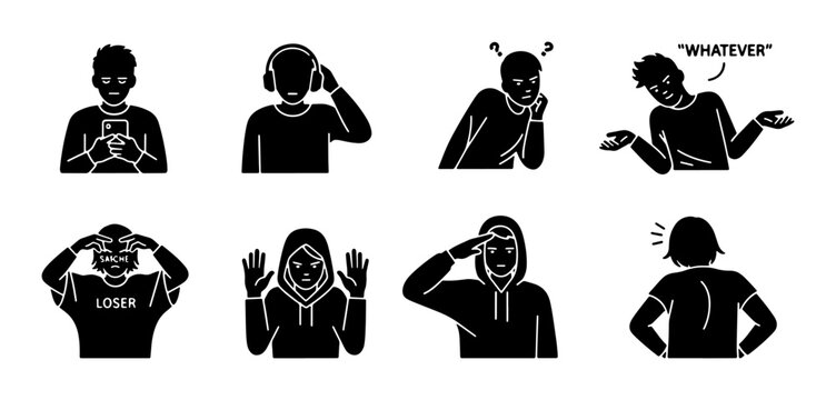 Set of 8 Silhouette Icons: Teenager Emotions and Actions, Social Media, Music, Bullying, Confusion, Frustration, and Indifference