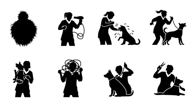 Dog Grooming and Training Icons, Pet Care Service Silhouettes, Animal Handler Vector Graphics, Canine Companion Activities Set