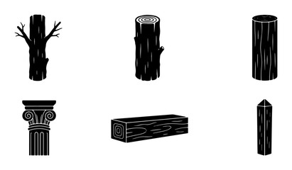 Vector Set: Tree Trunk, Log, Wood Column, Pillar Icons. Natural Material, Rustic and Architectural Elements for Design. © Ayesha
