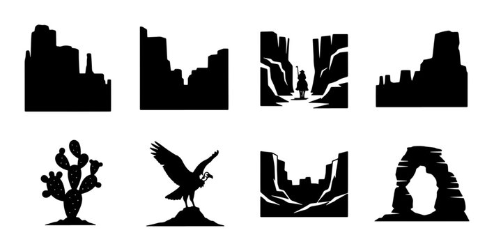 Desert Landscape Silhouettes, 8 Vector Icons: Arches, Canyons, Vultures, Cacti, Rock Formations, Western Scenery, Nature Elements, Adobe Stock Graphics