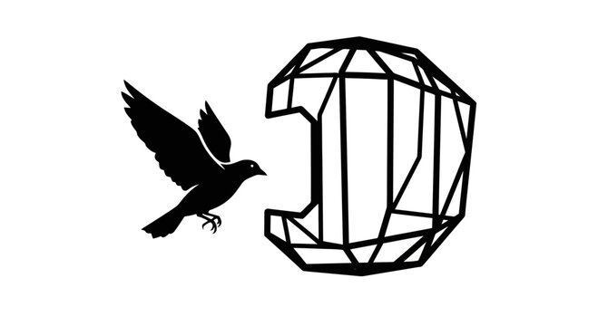 Minimalist black and white illustration of a bird escaping from a geometric cage, symbolizing freedom