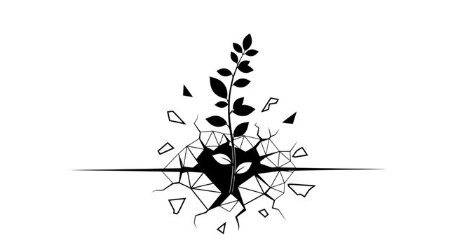 Abstract black and white illustration of a plant growing from a shattered geometric base, symbolizing resilience and growth.
