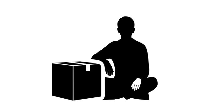 Silhouette of a person sitting and taping a cardboard box, minimalist illustration of packaging or moving process