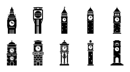 Collection of 10 Black and White Clock Tower Icons, Vector Graphics for Architectural and Timekeeping Themes, Simple Silhouette Designs © Abdullah