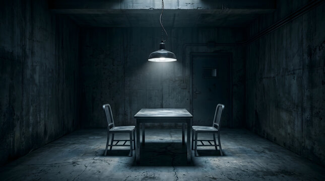 Cinematic Interrogation Room Interior with Industrial Lamp Illuminating Empty Wooden Table