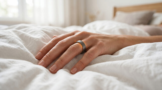 Close-up of human hand with metal ring resting on soft white bed sheet in natural light