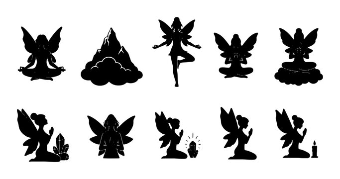 Mystical Fairy Silhouettes, Enchanted Beings Collection, Magical Fantasy Figures, Vector Icons Set