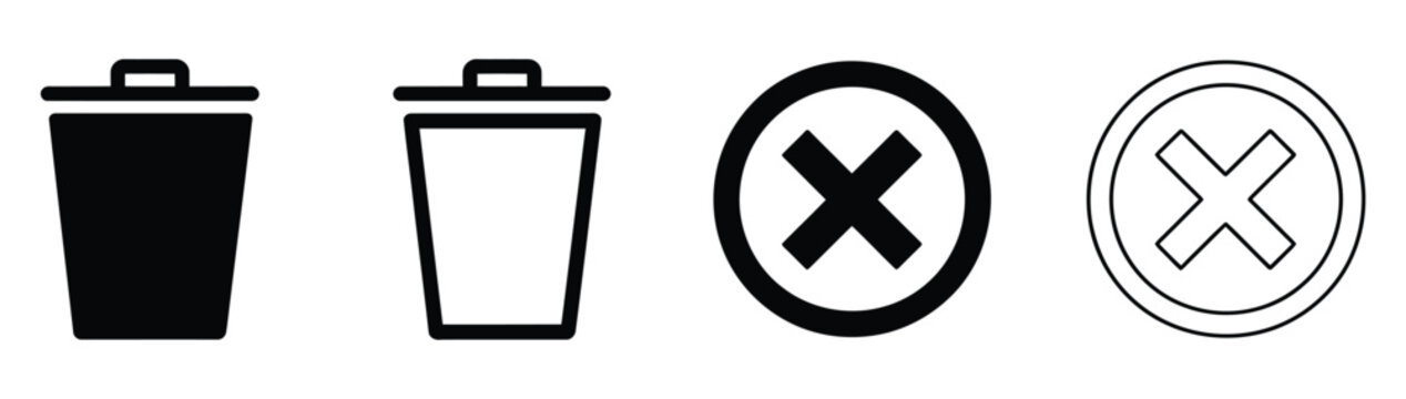 Trash Can and cross mark icons, delete and remove symbols for web user interface, simple flat vector design, transparent background.