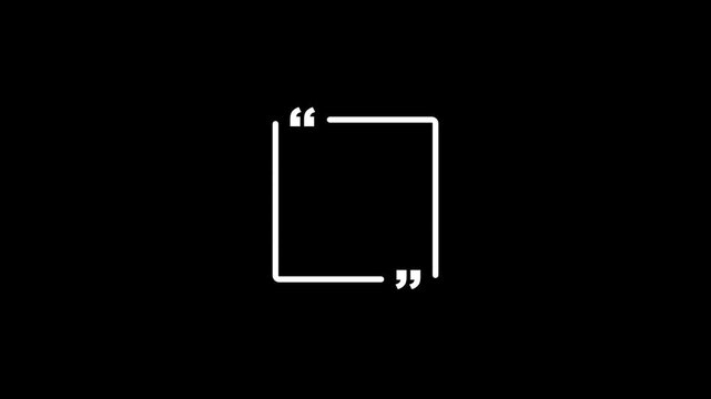 Black outline square quotation mark frame on black background quote speech bubble. Empty square quote frame with quotation marks.