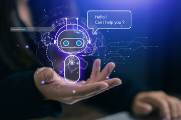 Fototapeta premium AI chatbot assistant providing automated customer support, virtual communication, conversational technology, global connectivity, digital interaction, and intelligent service solutions.